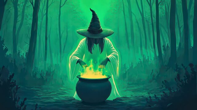 A mysterious witch brews a glowing potion in a dark forest, surrounded by eerie fog and vibrant colors