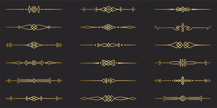 Gold text dividers doodle set. Wedding decorative elements. Divider ornament, borders, vintage line separators. Hand drawn vector illustration isolated on white background