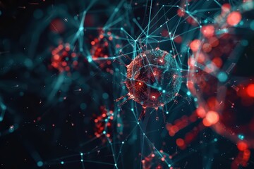 Illustration of interconnected molecules and viruses, showcasing vibrant colors and intricate details in a digital space.