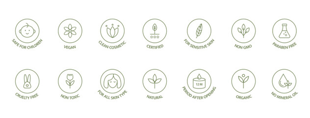 Organic cosmetic line icon big set. Natural product badges. Clean cosmetic, safe for children, hypoallergenic, non toxic. GMO free emblems. Vegan, bio food. Vector illustration