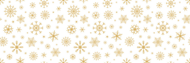 Golden snowflakes on white banner. Snowflake Christmas background. Happy Holiday card. Hello winter border. Color snowfall frame. Flying confetti. Celebration design. Vector illustration