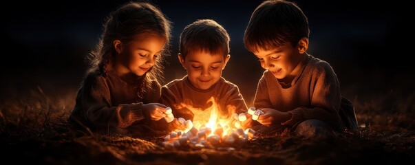 Three Children Gathered Around a Bonfire Roasting Marshmallows and Candy on a Warm Summer Night, Family Camping Fun and Memories