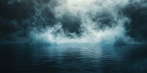 Fototapeta premium Dark ocean mist covering still water with moody atmospheric fog, creating a mysterious and surreal blue horizon in the distance, evoking feelings of solitude and tranquility 
