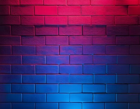 Neon light on brick walls that are not plastered background and texture. Lighting effect red and blue neon background graphic arts wall decoration backdrop