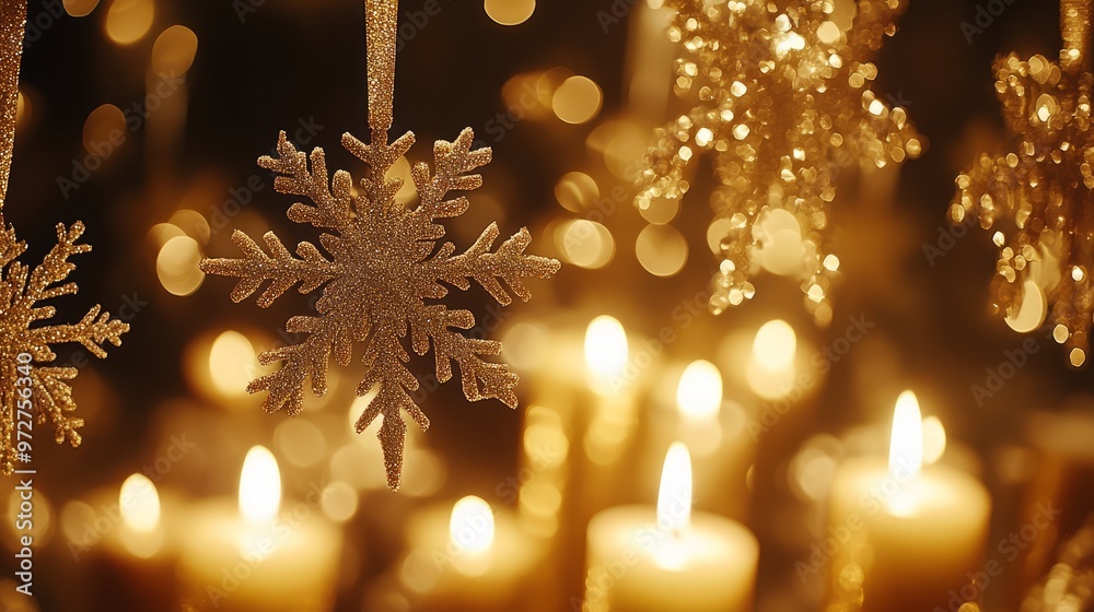 Canvas Prints Glittering gold snowflakes hanging from the ceiling, each snowflake finely detailed and catching the light of golden candles below. 4K hyperrealistic photo.