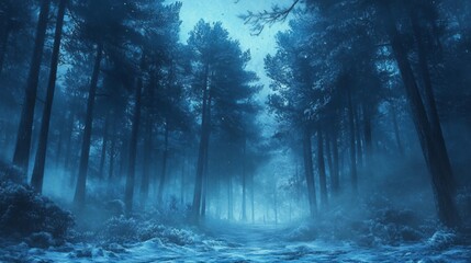 Naklejka premium Winter snowy park. Trees in the snow, a frozen river, snowdrifts and ice. Fantasy winter landscape. Frosty sunset. 3D illustration. 