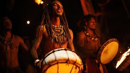 Tribal Drummers Performing in the Night