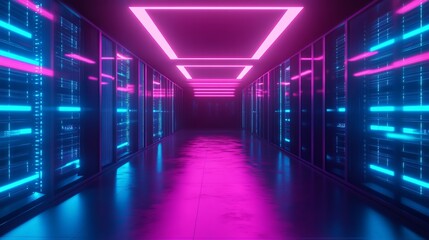 Fototapeta premium Abstract data center room with bright neon blue and pink light glowing server blocks