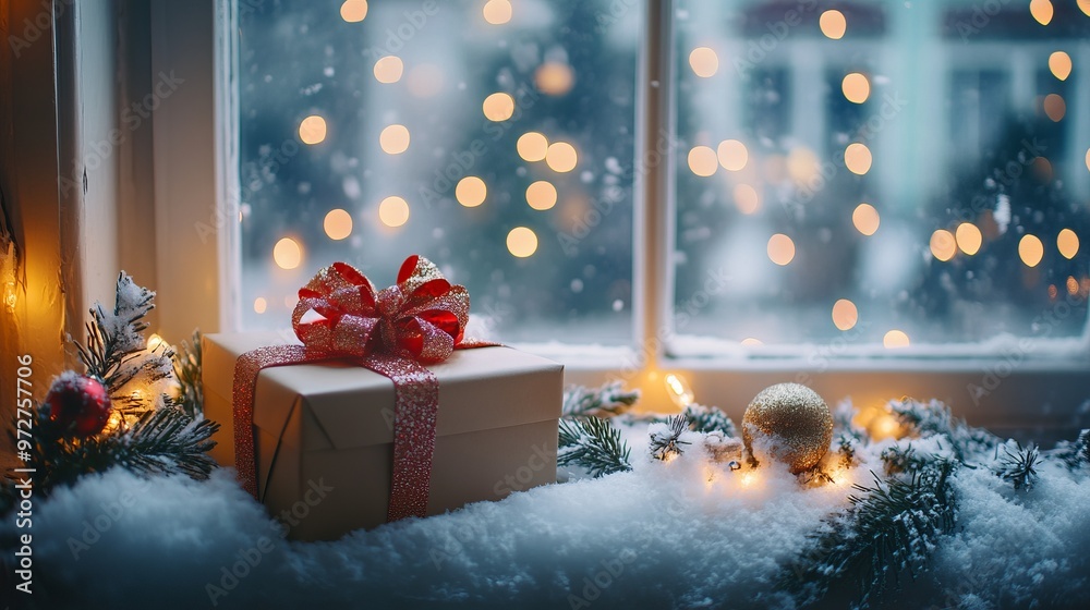 Wall mural mockup of a plain gift box on a snow-covered windowsill, with twinkling christmas lights and festive