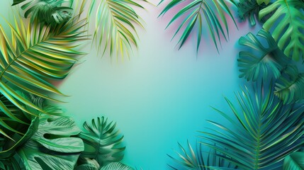 Vibrant tropical leaves create a calming border against a gradient background, ideal for nature-themed designs.