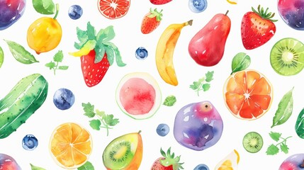 Obraz premium Vibrant watercolor fruits displayed in a colorful pattern, perfect for food-themed designs and healthy lifestyle projects.