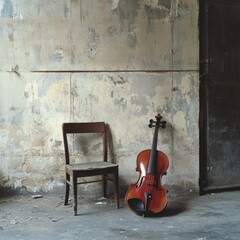 17. A violin lying on the ground next to an empty chair, [loss], [abandonment of art and expression]