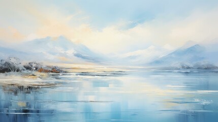 Fototapeta premium A serene landscape painting showcases a tranquil lake surrounded by distant snow-capped mountains and soft pastel sky, ideal for themes related to peace, nature, or meditation,