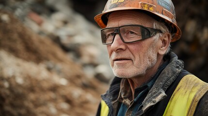 Obraz premium An elderly construction worker is captured at a mining site, wearing a safety helmet and vest, representing experience, effort, and the labor industry.
