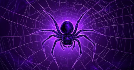 A purple spider at the center of an intricate web, against a dark background. 