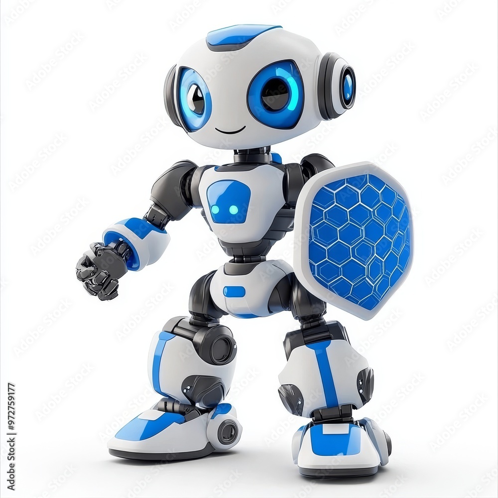 Poster 3d rendering of a robot holding a transparent shield, representing data security