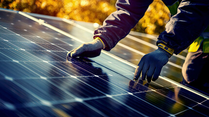 Fototapeta premium Photovoltaic solar panel, alternative electricity, sustainable resources, vibrant sunlight, green energy concept