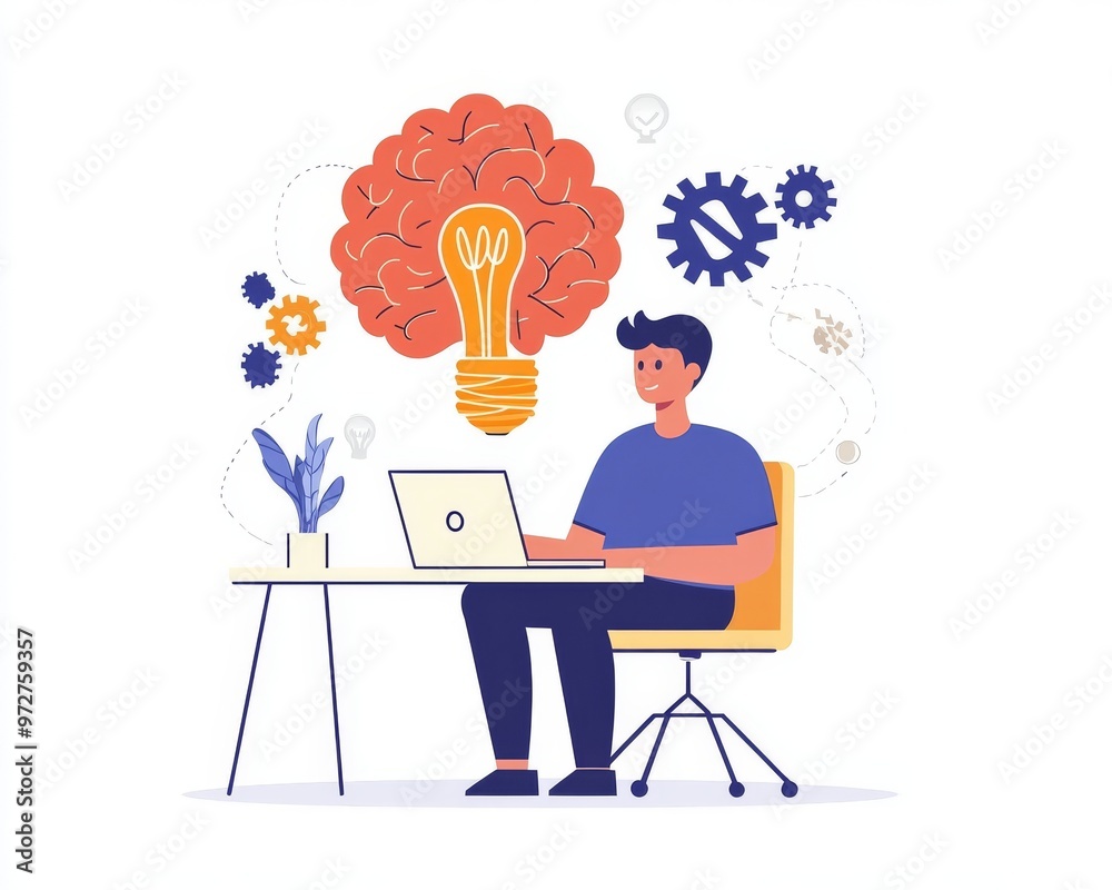 Poster a worker or programmer, with a huge brain in the background. an assistant learns about digital techn