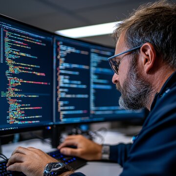 Software developer writing code on a computer, 4K, HDR, detailed code on the screen, soft lighting from the computer monitor