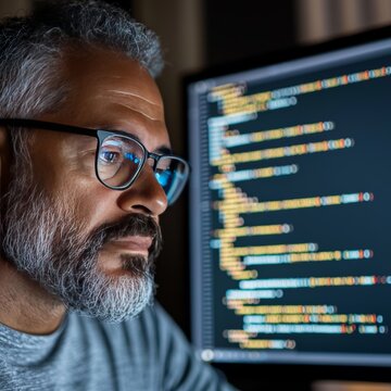 Software developer writing code on a computer, 4K, HDR, detailed code on the screen, soft lighting from the computer monitor