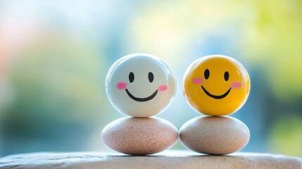 Happy smiley faces on stones in a serene outdoor setting during the daytime with blurred background