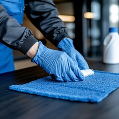 Office cleaner wiping down a desk in a modern office, 4K, HDR, detailed cleaning supplies and desk setup