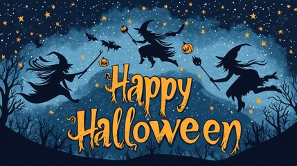Dark-themed Halloween banner displays Happy Halloween in flames with witches flying against a starry night sky