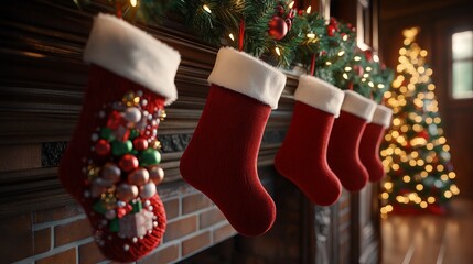 Christmas stockings filled with small gifts and candies, hanging from a mantle decorated with evergreen garlands and fairy lights. 4K hyperrealistic photo.