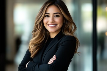 Naklejka premium Young professional woman with long hair and a confident smile posing in a modern office environment during daylight hours