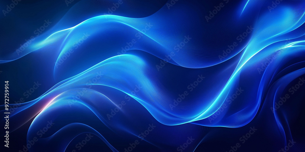 Wall mural abstract background with wavy lines and glowing light in blue colors, a gradient of dark colors. abs