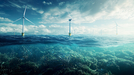 Sea-based floating wind turbines, clean energy, renewable alternative source, expansive ocean, bright and clear