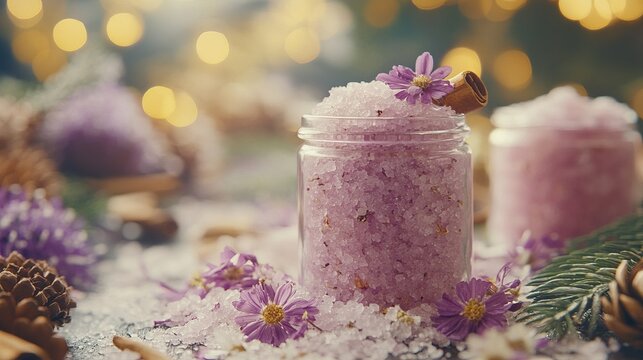 Creating homemade Christmas bath salts with essential oils, dried flowers, and decorative jars for gifting. 4K hyperrealistic photo.