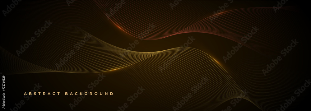 Poster abstract dark wide banner background with glowing yellow and red wavy lines. vector illustration