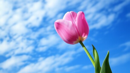 A single pink tulip reaching towards a bright blue sky with fluffy white clouds on a sunny day