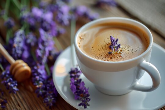 A calming cup of lavender-infused coffee surrounded by fragrant lavender sprigs on a rustic wooden table