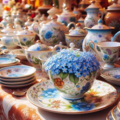 italienische T&ouml;pferwaren mit einem Vergissmeinnicht Motiv auf einem Markt in Italien