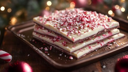 Making peppermint bark with layers of dark and white chocolate, topped with crushed candy canes on a festive tray. 4K hyperrealistic photo.