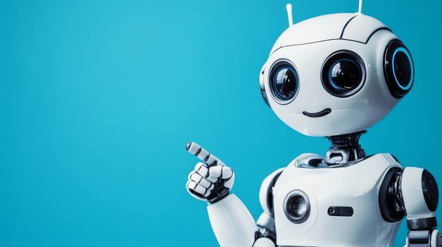 Stock robot pointing at a subject on a blue background