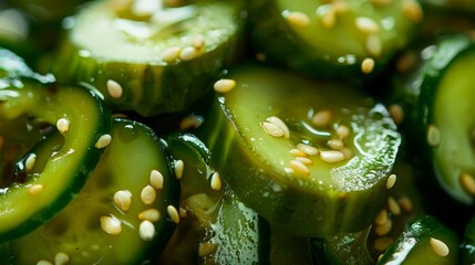 Freshly sliced cucumbers garnished with sesame seeds in a vibrant green dish, showcasing healthy eating habits and light cuisine