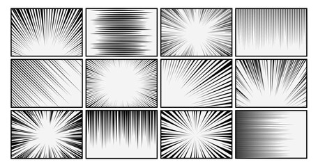 Set of manga comic motion speed line, zoom and motion effects background. Anime radial light flash explosion black frame template vector illustration.