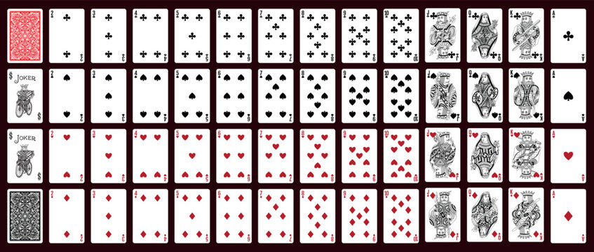 Poker set with isolated cards on green background - Poker playing cards, full deck.
