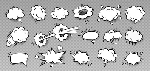 Set of manga comic speech bubbles template with black halftone shadows on transparent background. Retro vector illustration design in pop art style for comics book, social media, poster