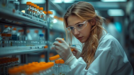 laboratory we see diferents scients mens and womens working in his laboratory with his tubes and another tools, they works in a cold warehouse prepare vaccines cinemalights