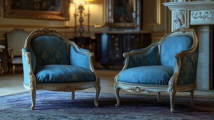 A pair of elegantly curved French Louis XVI chairs, upholstered in royal blue silk fabric, placed on a Persian rug in a softly lit parlor with classical decor