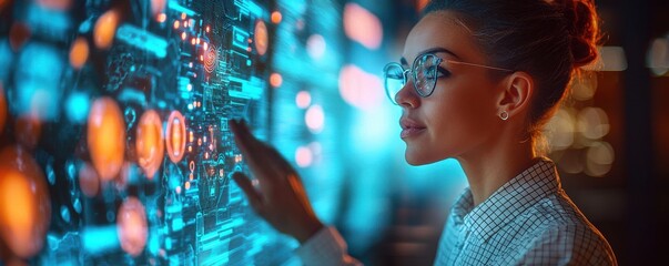 Focused female teacher with short hair and glasses interacting with digital touchscreen technology