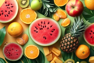 Bountiful Fruit Collage: Colorful 2D Illustration of Watermelon, Orange, Pineapple, and Apple Fusion with Copy Space for Text