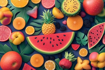 Colorful Fruit Collage with Watermelon, Orange, Pineapple, and Apple on Bright 2D Illustration, Joyful Fresh Fruits Blend, Copy Space for Text