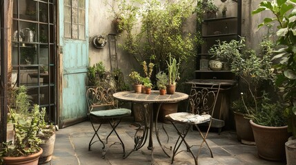 Fototapeta premium A rustic outdoor patio featuring vintage metal furniture and potted plants