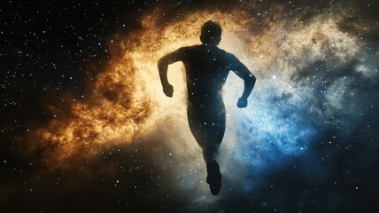 Silhouette of a Person Running Through a Cosmic Nebula with Stars and Galaxies in the Background