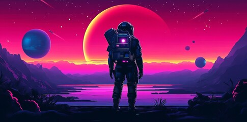 Obraz premium This is a raster illustration of an astronaut wearing a helmet. The robotic humans of the future in cyberpunk style. Space suit, northern lights in the distance, neon glow, and cosmonaut.